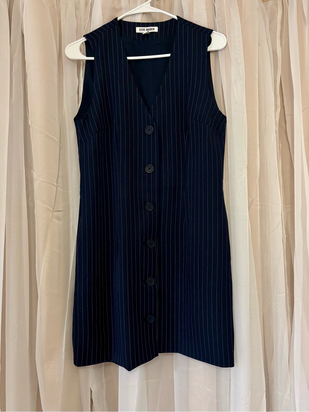 Steve Madden Size S Navy Pinstripe Button-Front Sleeveless Mini Dress